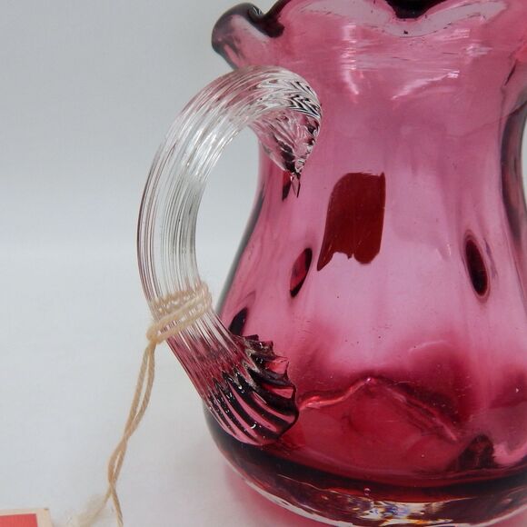 Pilgrim Glass Handblown Cranberry Vase Pitcher Applied Clear Handle 4 Inch Tags - Picture 8 of 13